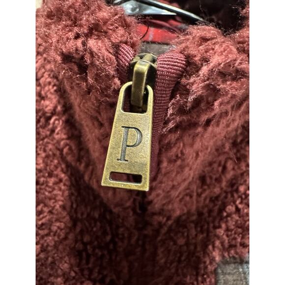 Pendleton Sherpa Teddy Fleece Jacket Womens M Burgundy Plaid Trim Full Zip Lined - Picture 7 of 10